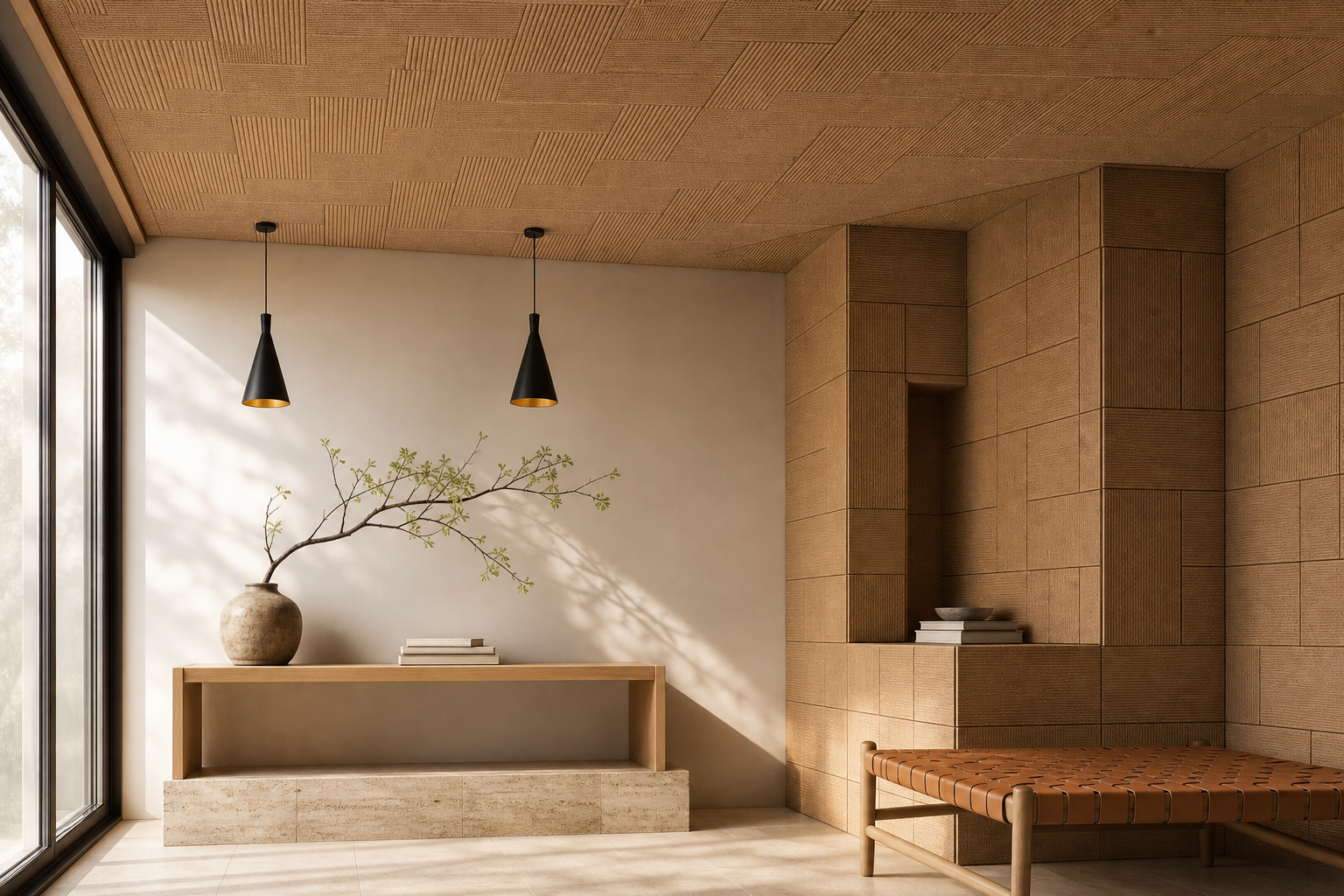 Ceiling Designs with 3D Cork: Texture, Calm, and Quiet Drama