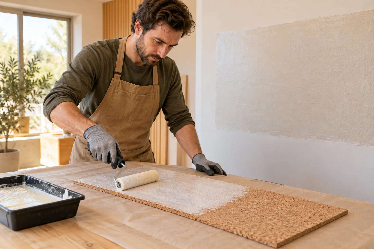 A roller applying a thin, even film of contact adhesive to the back of a rectangular cork panel.