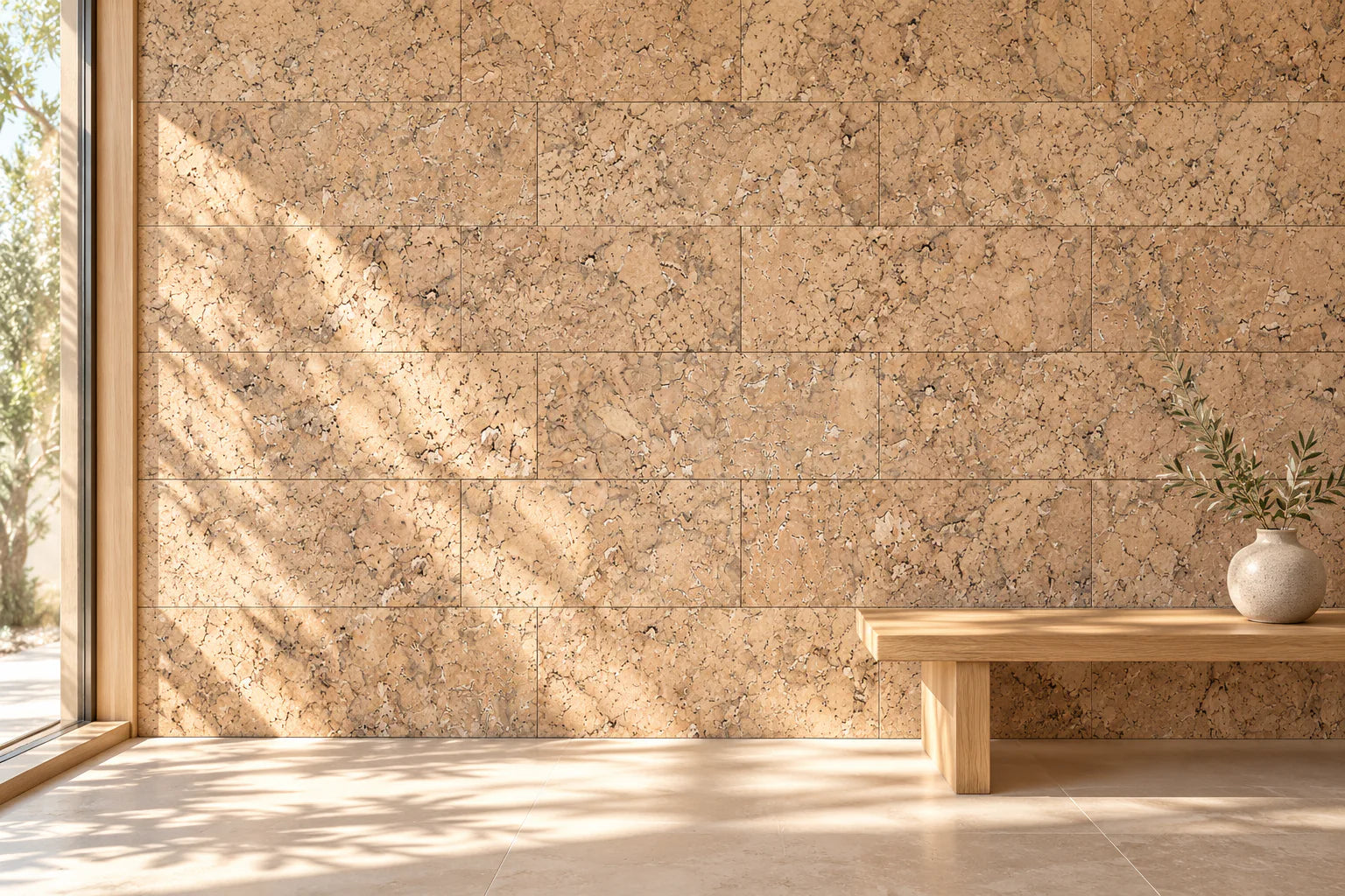 Illustration of a finished interior wall with light rectangular cork panels.