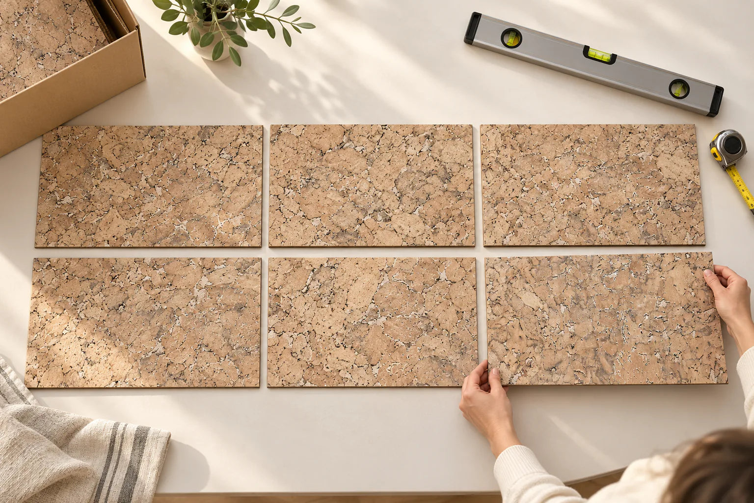 Rectangular cork wall panels laid out on a worktable for inspection and color blending.